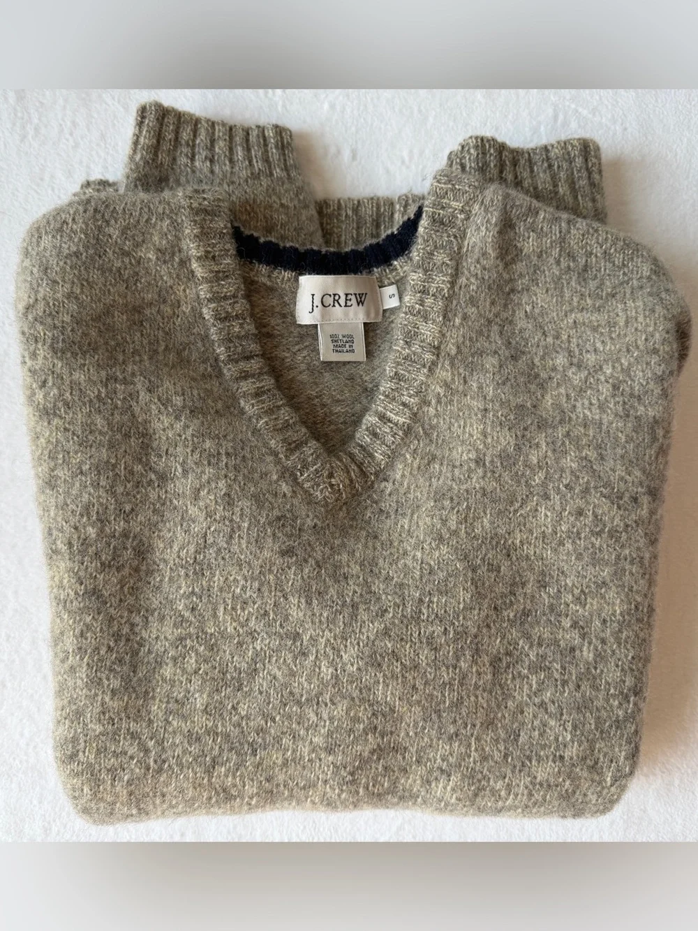 J Crew Tan Oatmeal 100% Shetland Wool Greige V Neck Marled Sweater Pullover, S
